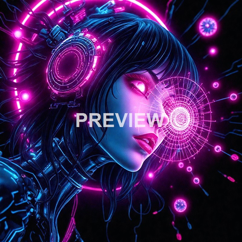 A futuristic digital artwork of a woman with dark hair, glowing pink and purple cybernetic enhancements around her head, and intricate holographic patterns emanating from her eye.
